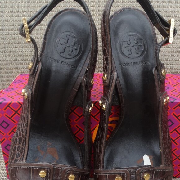 TORY BURCH 9M NAOMI Brown Croc Embossed Leather Slingback Heels - Picture 6 of 9